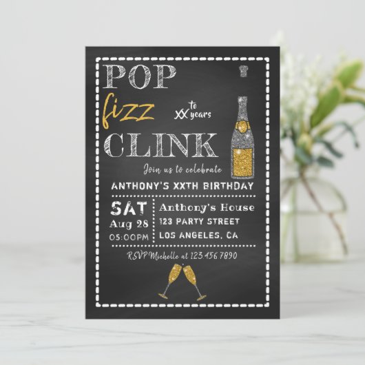 Pop Fizz Clink Chalkboard Milestone Birthday Kaart (Staand voorkant)