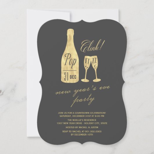 Pop Fizz Clink Champagne Chic nieuwjaarsfeest Kaart (Voorkant)