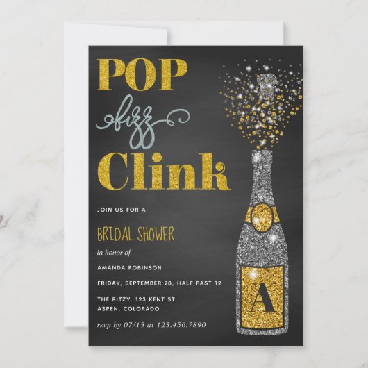 Pop fizz clink glitter chalkboard Vrijgezellenfees Kaart (Voorkant)