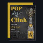 Pop fizz clink glitter chalkboard Vrijgezellenfees Kaart<br><div class="desc">Vrijgezellenfeest zilver en goudglitter-karton uitnodigingen met elegante handschrift-typografie,  geschikt voor elke gelegenheid.</div>