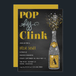 Pop fizz clink glitter chalkboard Vrijgezellenfees Kaart<br><div class="desc">Vrijgezellenfeest zilver en goudglitter-karton uitnodigingen met elegante handschrift-typografie,  geschikt voor elke gelegenheid.</div>