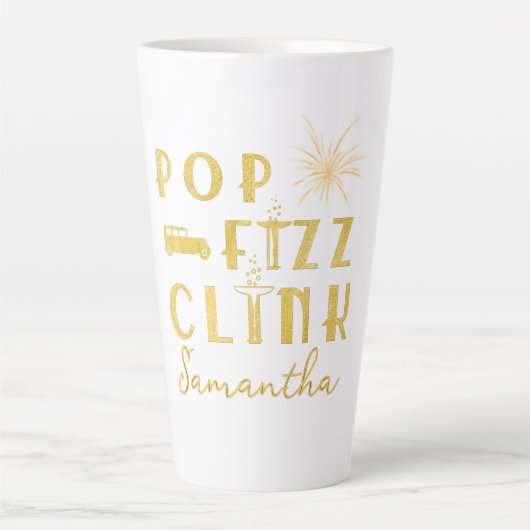 Pop Fizz Clink Gold Typograpy Modern New Years Eve Latte Mok (Voorkant)