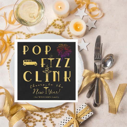 Pop Fizz Clink Gold Typograpy Modern New Years Eve Servet
