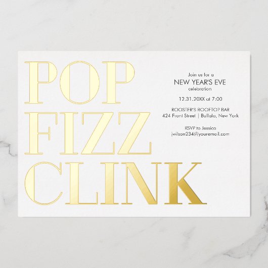 Pop Fizz Clink Gold Uitnodiging Folie nieuwjaar (Voorkant)