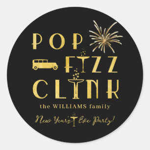 Pop Fizz Clink Goud Typografie Modern Oud en Nieuw Ronde Sticker