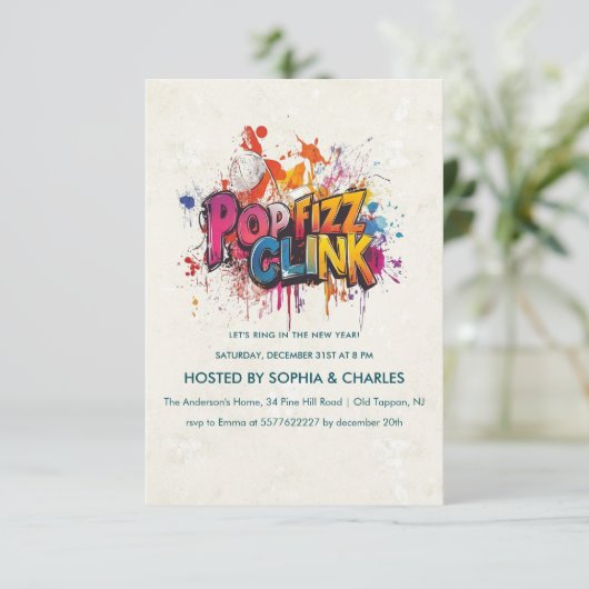 Pop Fizz Clink graffiti Oudejaarsfeest Kaart (Staand voorkant)