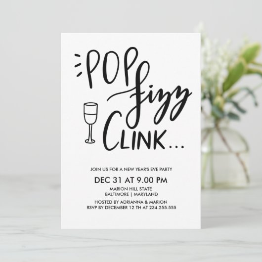 Pop Fizz Clink Handgeschreven nieuwjaarspartij Kaart (Staand voorkant)