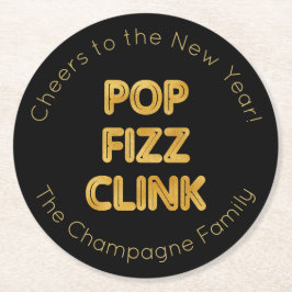 Pop Fizz Clink Moderne Typografie Oudejaarsavond Ronde Kartonnen Onderzetter