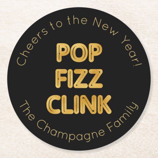 Pop Fizz Clink Moderne Typografie Oudejaarsavond Ronde Kartonnen Onderzetter (Voorkant)