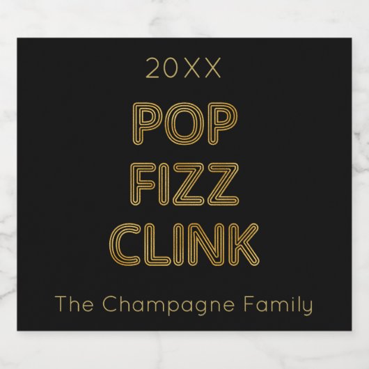 Pop Fizz Clink Moderne Typografie Oudejaarsavond Sparkling Wijnetiket (Enkel label)
