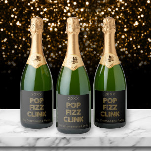 Pop Fizz Clink Moderne Typografie Oudejaarsavond Sparkling Wijnetiket