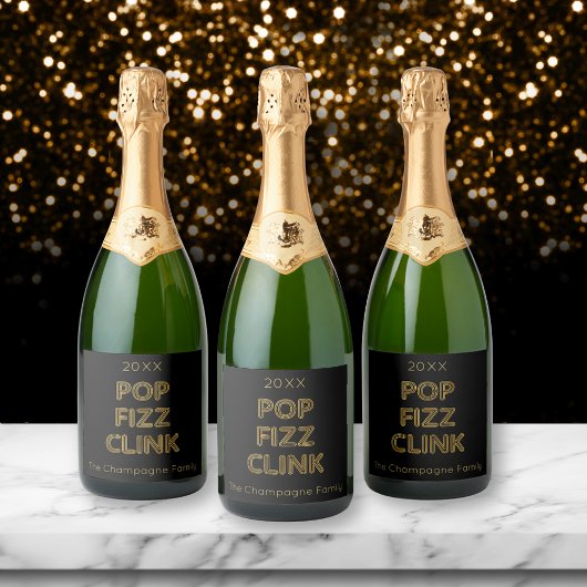 Pop Fizz Clink Moderne Typografie Oudejaarsavond Sparkling Wijnetiket