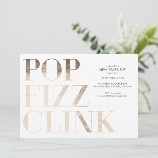 Pop Fizz Clink Nepgoud Folie Nieuwjaar Kaart (Staand voorkant)