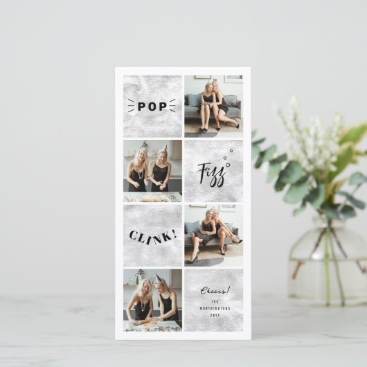 Pop Fizz Clink New Year Blokken 4 Foto Collage Feestdagenkaart (Staand voorkant)