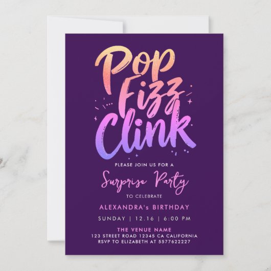 Pop Fizz Clink Purple And Pink Calligraphy Script Kaart (Voorkant)