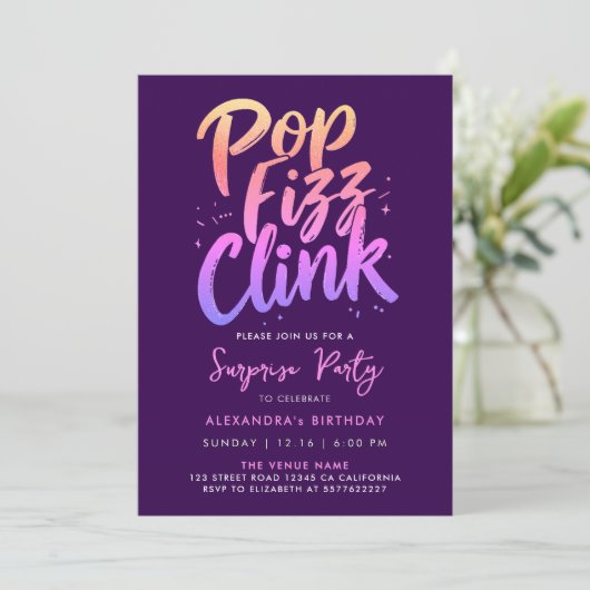 Pop Fizz Clink Purple And Pink Calligraphy Script Kaart (Staand voorkant)