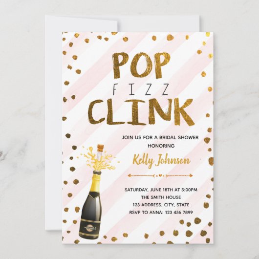 Pop fizz clink roze feestuitnodiging kaart (Voorkant)