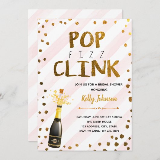 Pop fizz clink roze feestuitnodiging kaart (Voorkant / Achterkant)