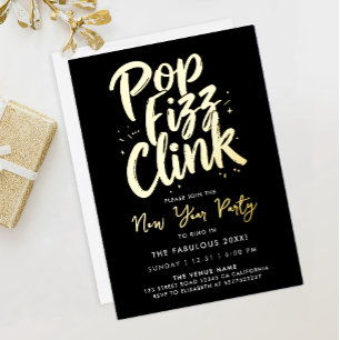Pop Fizz Clink Stijlvol Zwart Nieuwjaarsfeest Scri Folie Uitnodiging