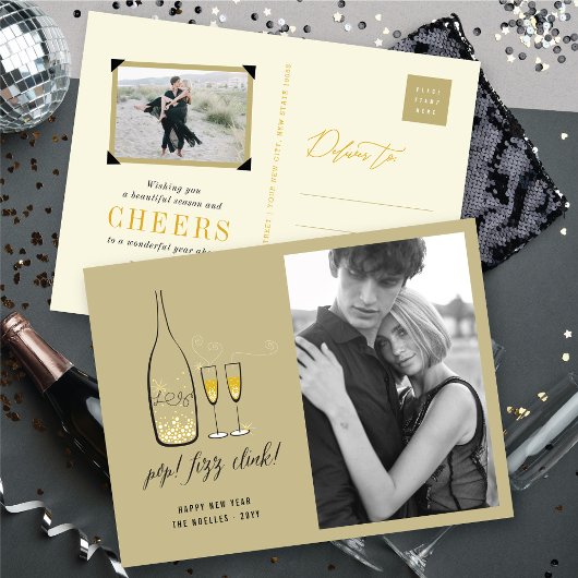 Pop Fizz Clink Stylish Gold Champagne Chic Foto Feestdagenkaart