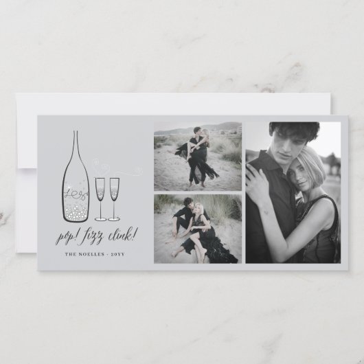 Pop Fizz Clink Stylish Silver Champagne Chic Foto Feestdagenkaart (Voorkant)