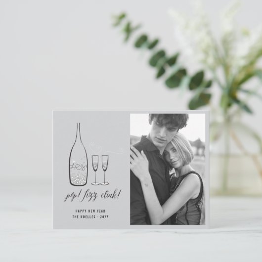 Pop Fizz Clink Stylish Silver Champagne Chic Foto Feestdagenkaart (Staand voorkant)