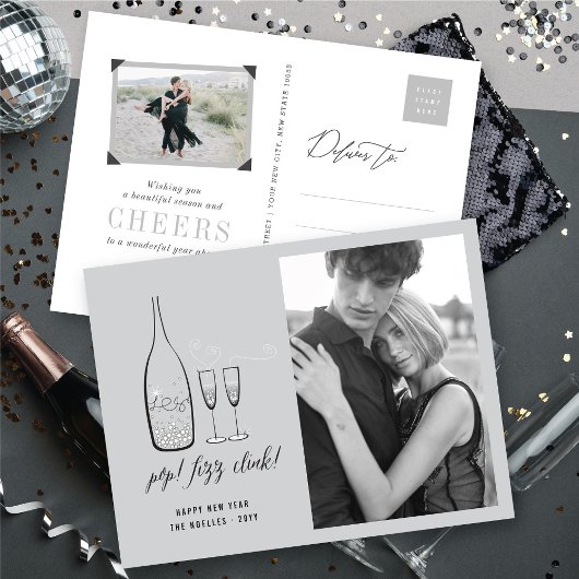 Pop Fizz Clink Stylish Silver Champagne Chic Foto Feestdagenkaart