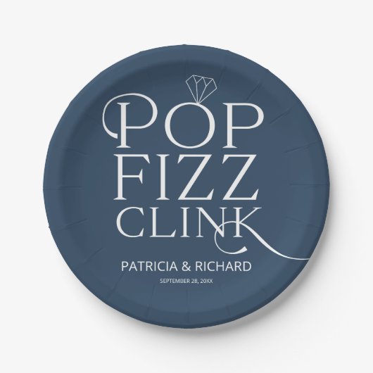 Pop Fizz Clink Verloving Feest Blauw Papieren Bordje (Voorkant)