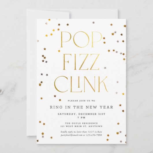 Pop Fizz Clink Wit Goud Confetti Oud en Nieuw Kaart (Voorkant)