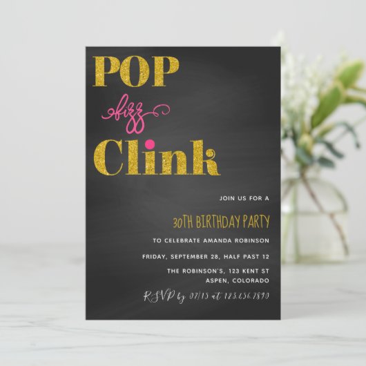 Pop fizz roze roze en goudglitter chalkboard kaart (Staand voorkant)