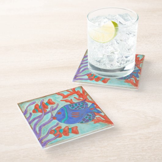 Pop-gekleurde vis glazen onderzetter (Schuin)