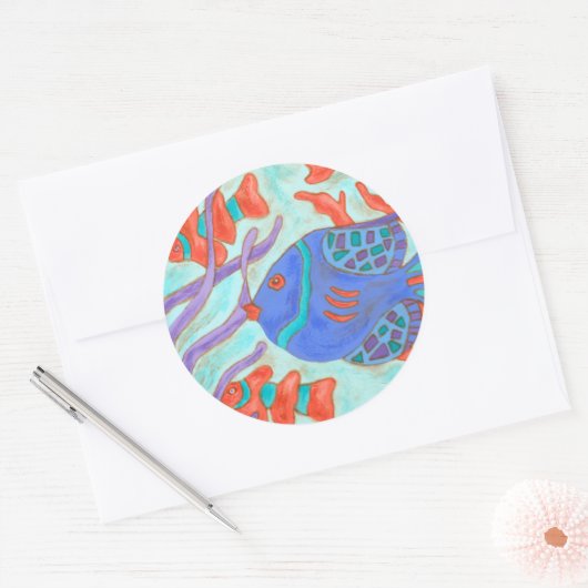 Pop-gekleurde vis ronde sticker (Envelop)