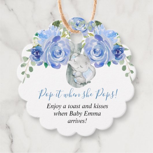 Pop het als ze barst olifant baby shower jongen bedankjes labels (Voorkant)