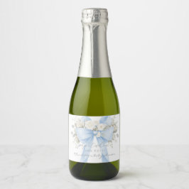 Pop het als ze 'Blue Bow Floral Baby shower' opent Sparkling Wijnetiket