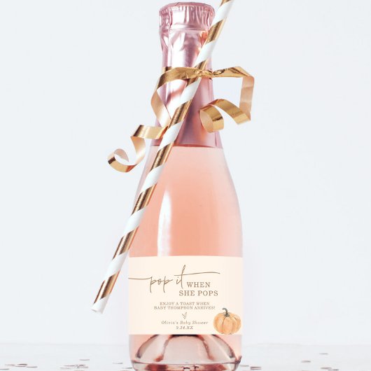 Pop het als ze Pop Baby shower gunst, pompoen Sparkling Wijnetiket