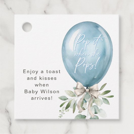 Pop het als ze Pop blauw ballon boog groen Bedankjes Labels (Voorkant)