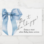 Pop het als ze Pop Blue Bow Baby shower Sparkling Wijnetiket (Enkel label)