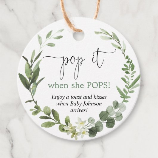 Pop het als ze pop eucalyptus baby shower bedankjes labels (Voorkant)