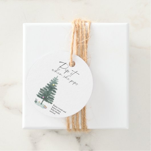 Pop het als ze pop met elegante kerstboom bedankjes labels (In situ)