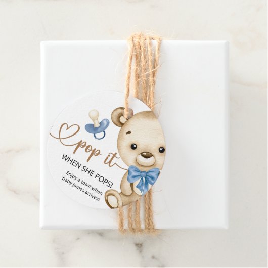 Pop het als ze Pop op Teddy Bear Baby shower Bedankjes Labels (In situ)