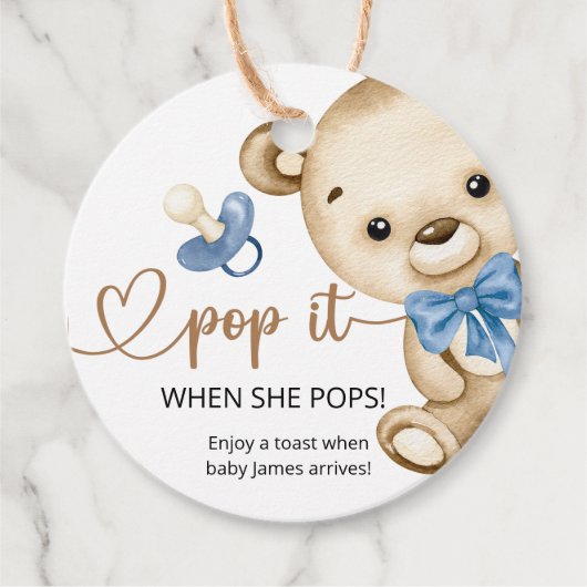 Pop het als ze Pop op Teddy Bear Baby shower Bedankjes Labels (Voorkant)