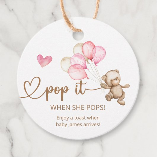 Pop het als ze Pop op Teddy Bear Baby shower Bedankjes Labels (Voorkant)