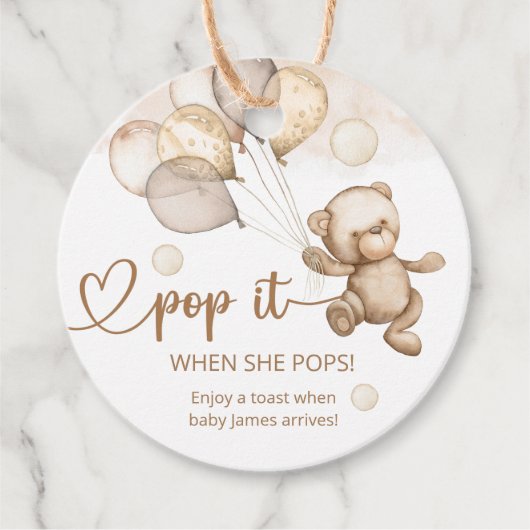 Pop het als ze Pop op Teddy Bear Baby shower Bedankjes Labels (Voorkant)