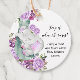 Pop het als ze pop paarse olifant baby shower bedankjes labels