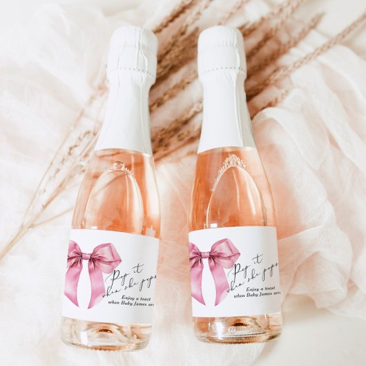 Pop het als ze Pop Pink Bow Baby shower Sparkling Wijnetiket