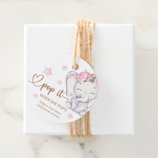 Pop het als ze Pop Roze Elephant Baby shower Bedankjes Labels (In situ)