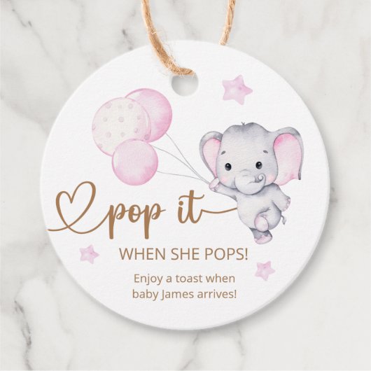 Pop het als ze Pop Roze Elephant Baby shower Bedankjes Labels (Voorkant)