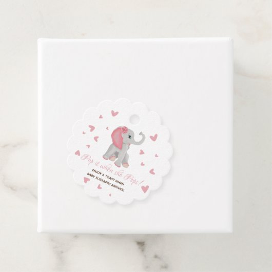 Pop het als ze Pop Roze Elephant Baby shower Bedankjes Labels (In situ)