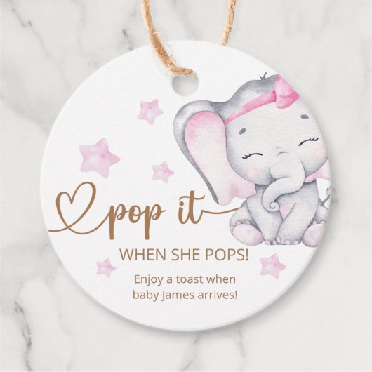 Pop het als ze Pop Roze Elephant Baby shower Bedankjes Labels (Voorkant)