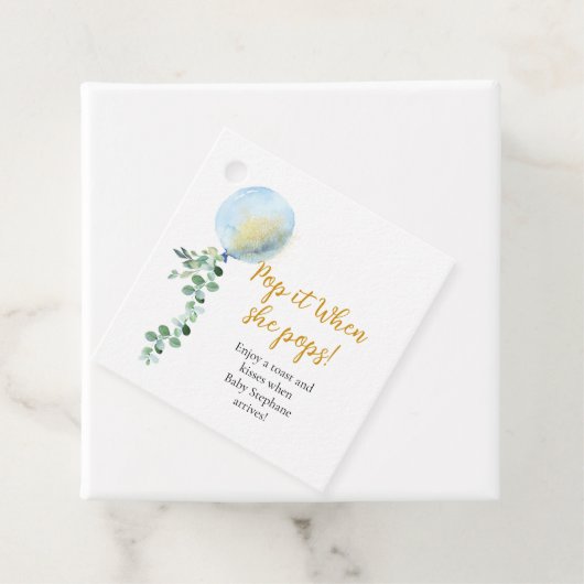 Pop het als ze poppen blauwe ballon Eucalyptus Bedankjes Labels (In situ)